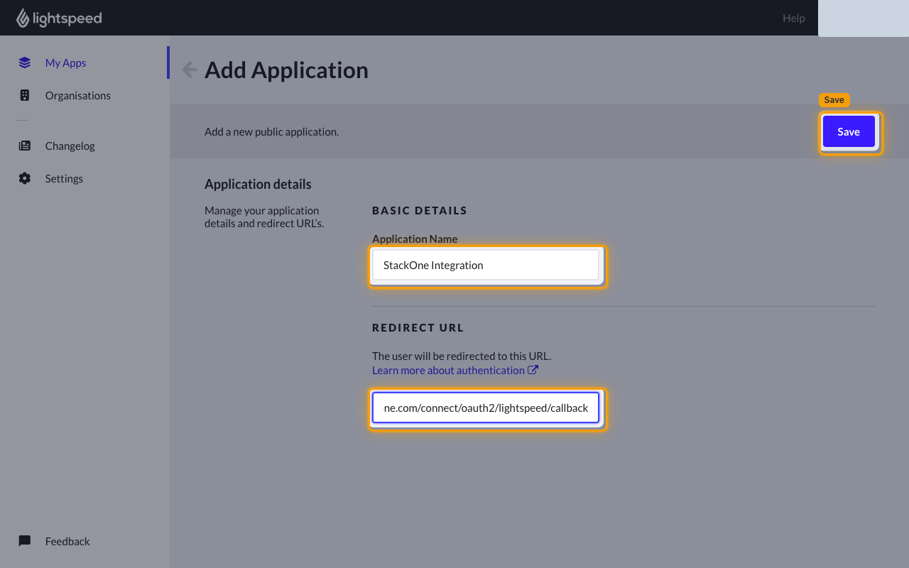The Add Application form with the Application Name, Redirect URL and Save controls highlighted