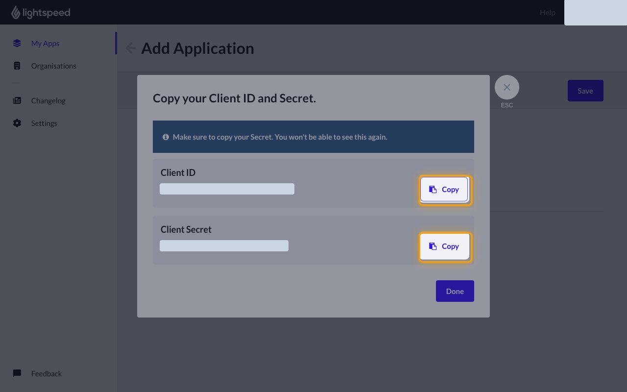 The Copy your Client ID and Secret dialog with both Copy buttons highlighted and the values hidden