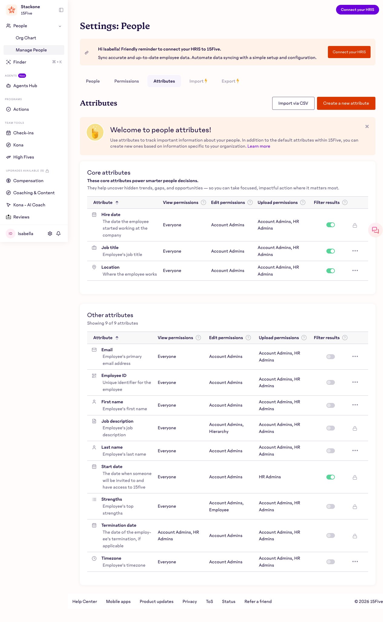 15Five Settings → People → Attributes tab showing Core and Other attribute lists; this UI surface can render even when the API's demographic_attributes flag is disabled and the endpoints 404.
