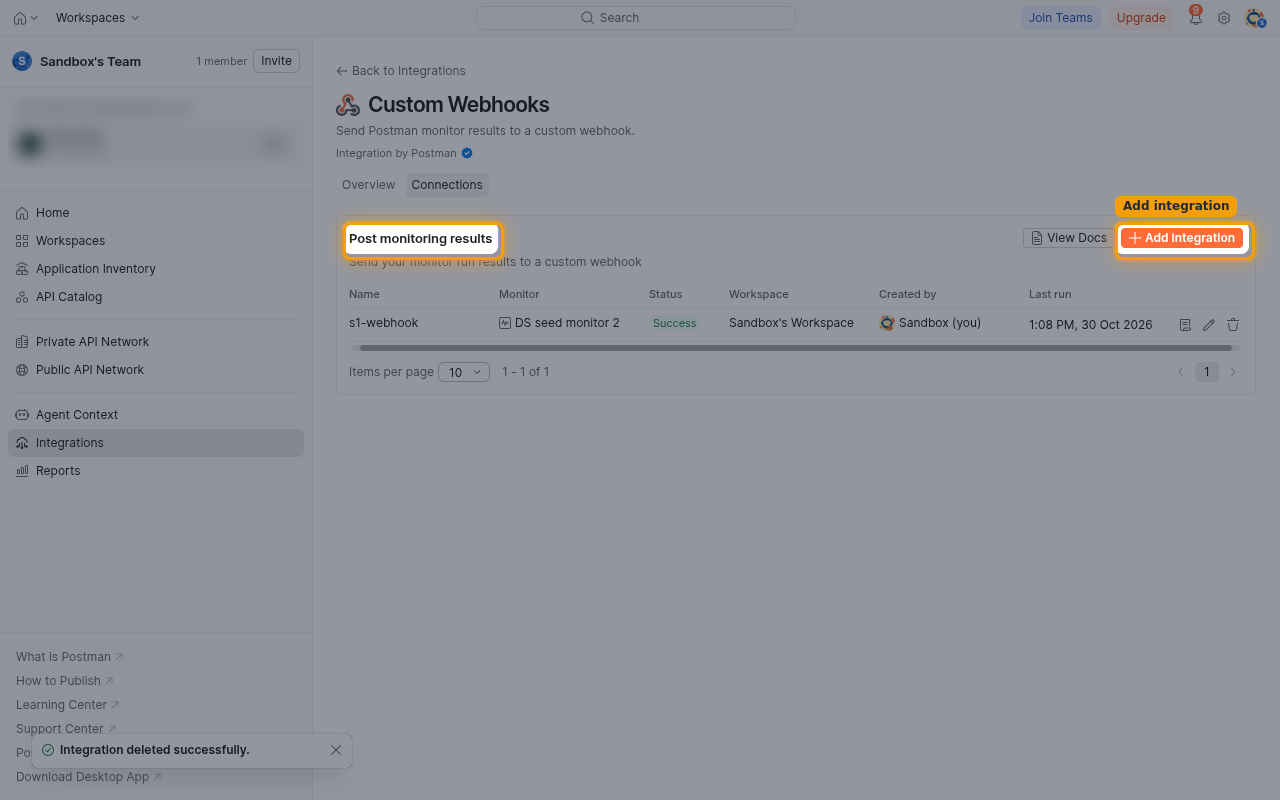 Custom Webhooks Connections tab with Post monitoring results and the Add integration button highlighted