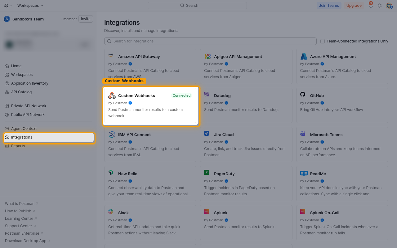 Integrations page with the Integrations menu item and the Custom Webhooks card highlighted