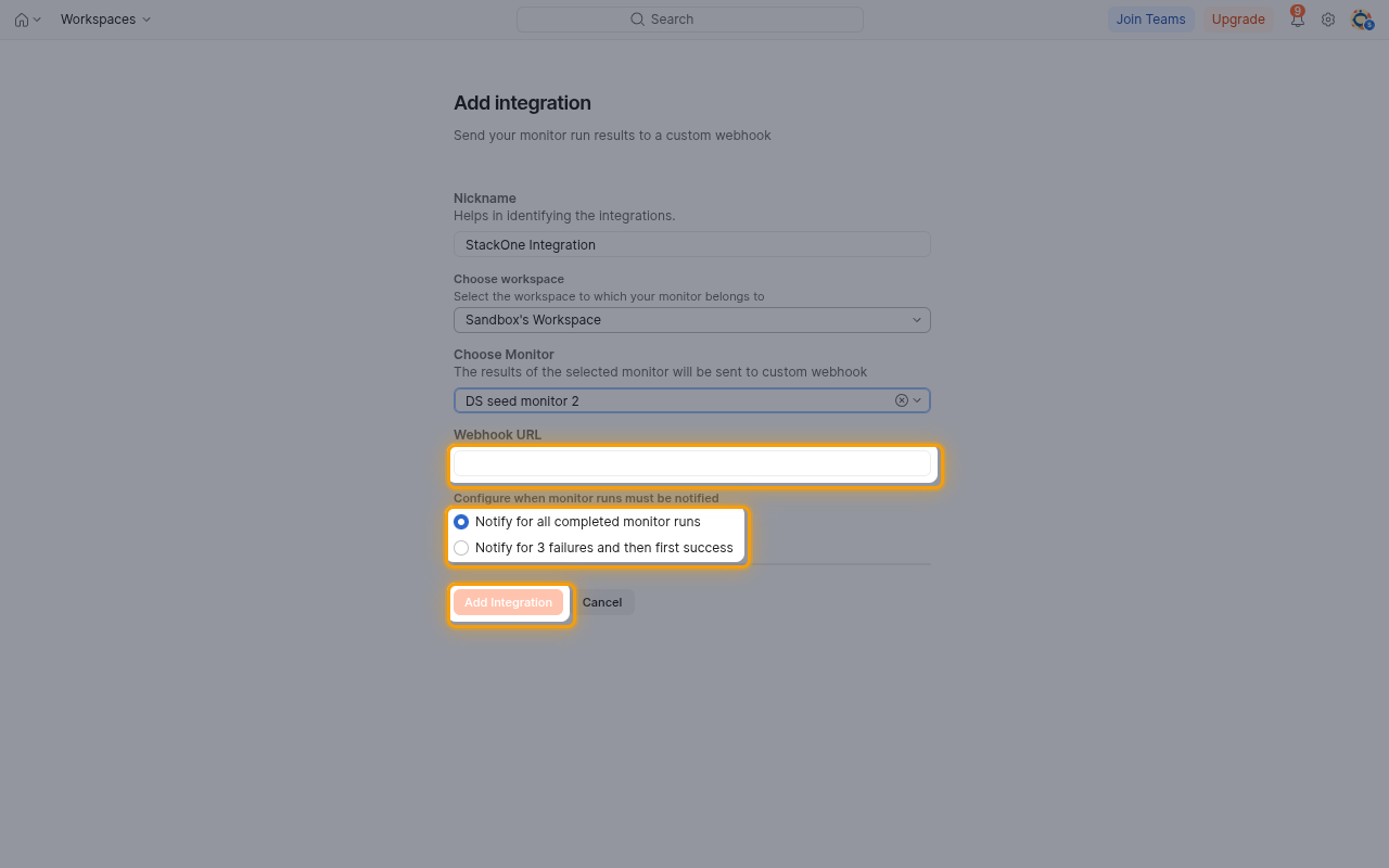 Add integration form with the Webhook URL field, the notification options and the Add Integration button highlighted
