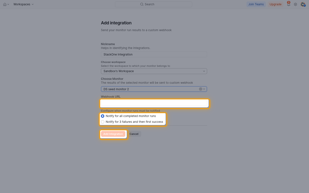 Add integration form with the Webhook URL field, the notification options and the Add Integration button highlighted