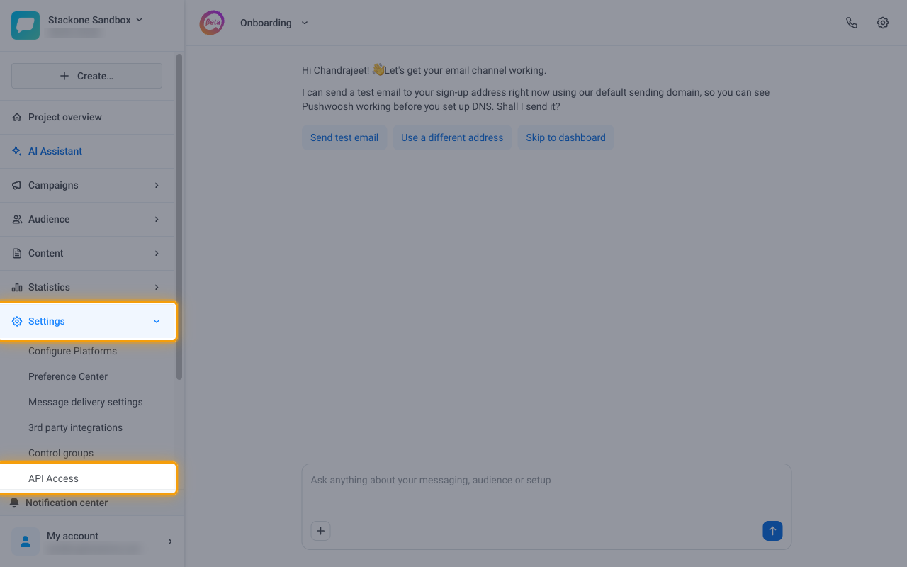 The Pushwoosh project sidebar with Settings expanded and API Access highlighted