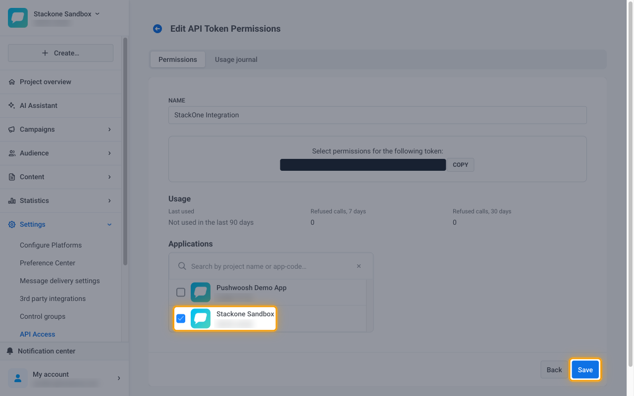 The Applications list with a project ticked and the Save button highlighted