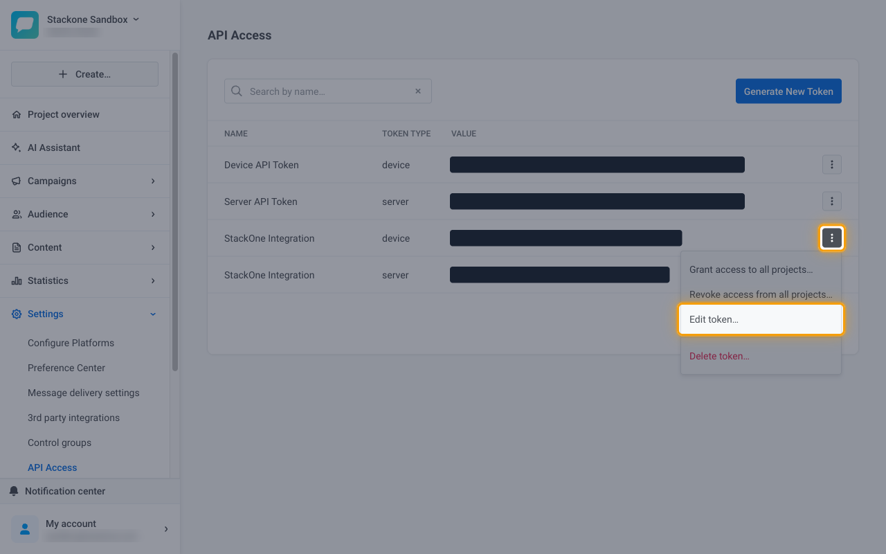 The device token row menu open with Edit token… highlighted