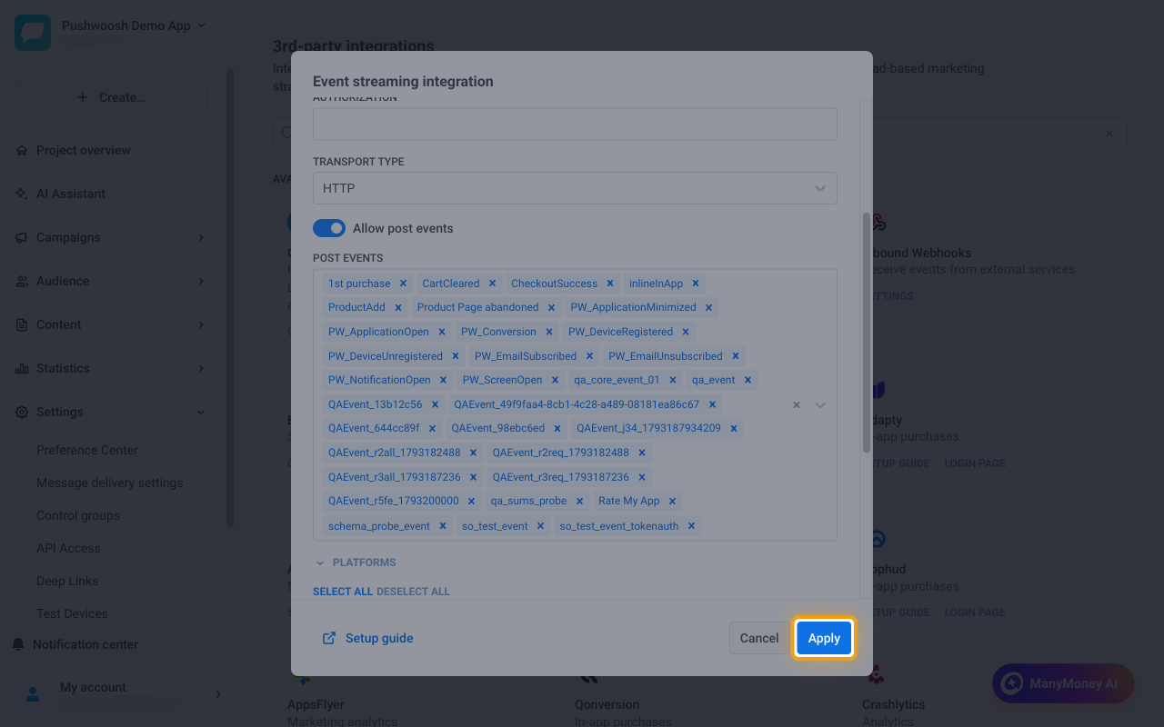 The Event streaming integration form with the Apply button highlighted