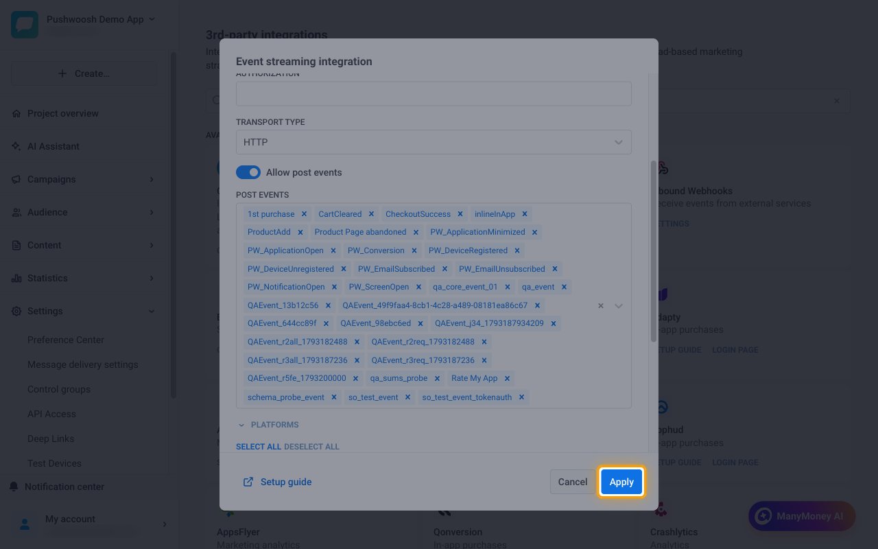 The Event streaming integration form with the Apply button highlighted