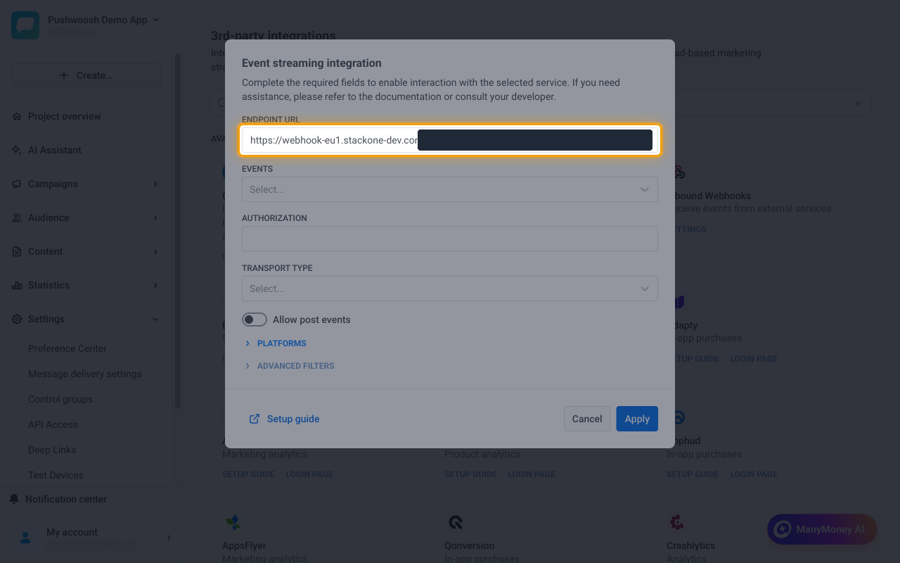 The Event streaming integration form with the Endpoint URL field highlighted