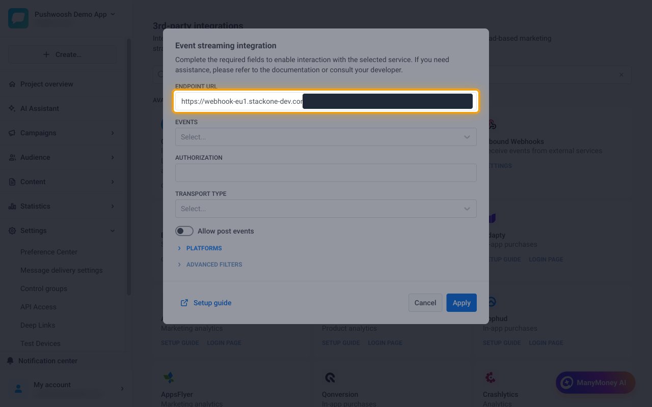 The Event streaming integration form with the Endpoint URL field highlighted