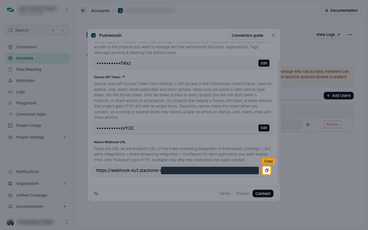 The Pushwoosh connection form in StackOne Hub with the copy button next to the Native Webhook URL highlighted