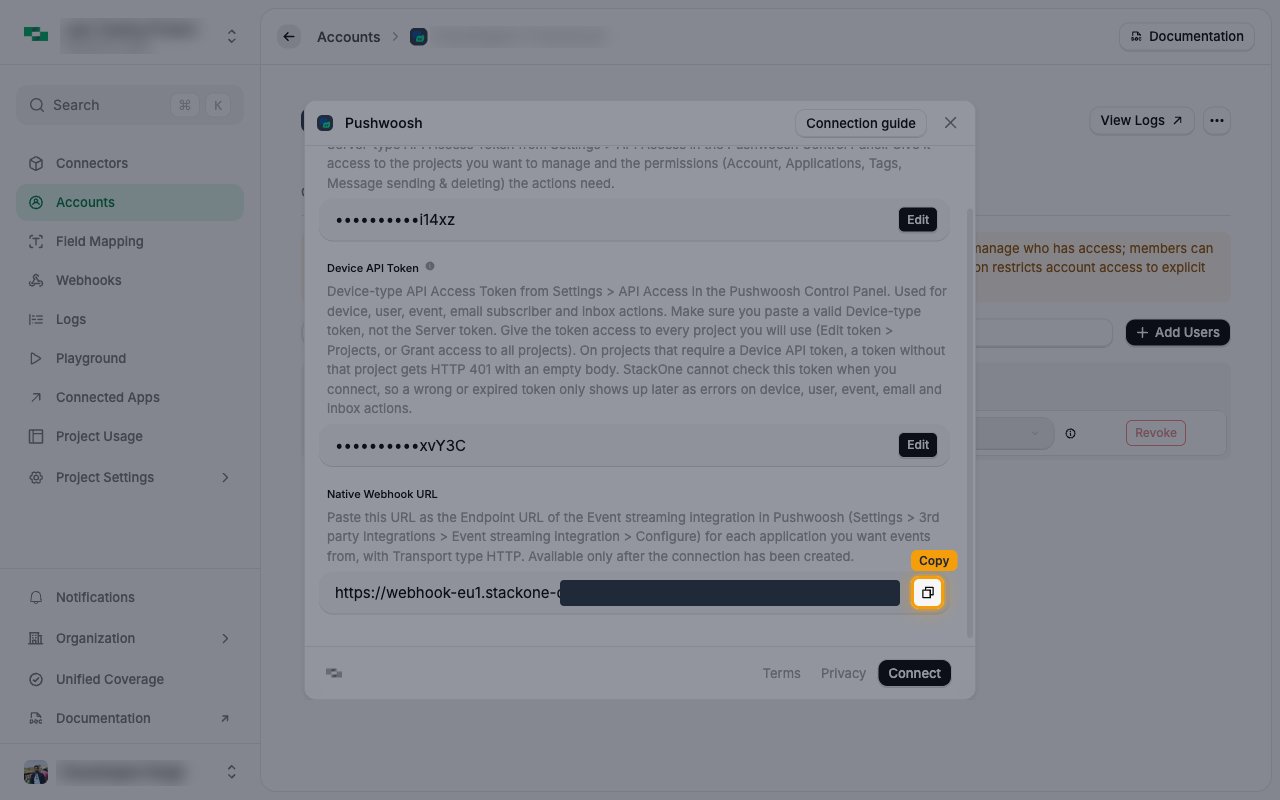 The Pushwoosh connection form in StackOne Hub with the copy button next to the Native Webhook URL highlighted