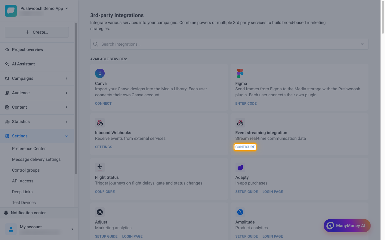 The 3rd-party integrations page with the Configure link on the Event streaming integration card highlighted