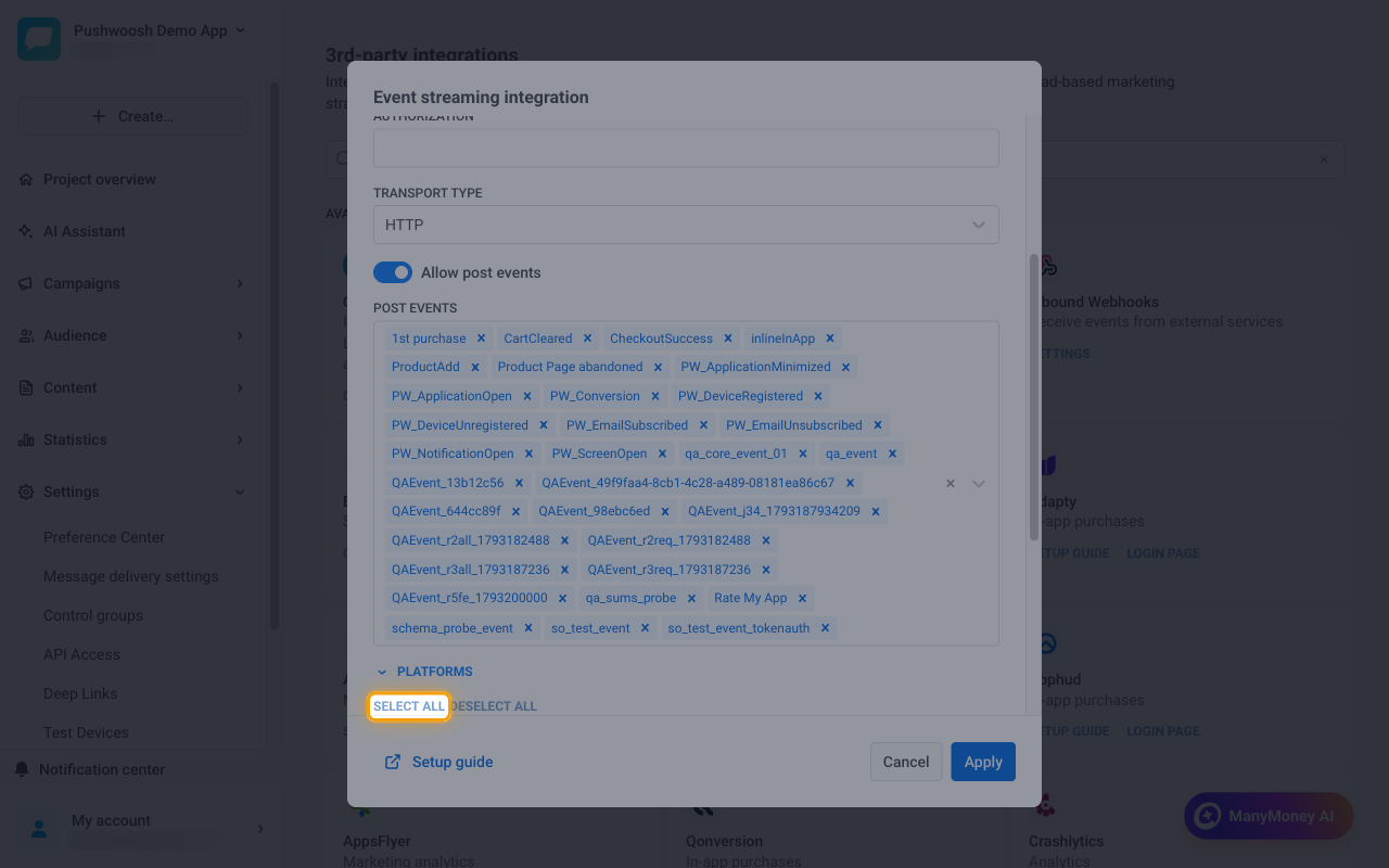 The Platforms section expanded with the Select all link highlighted
