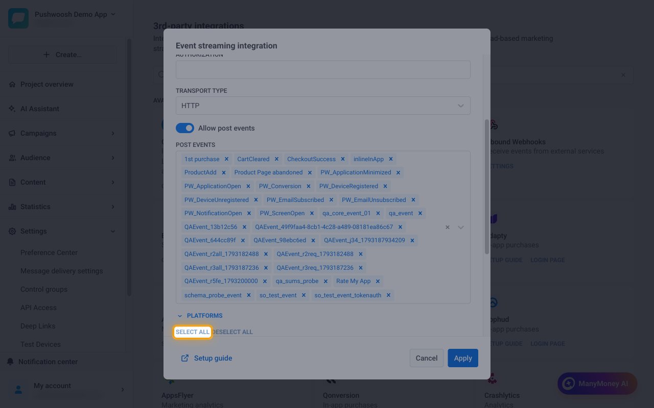 The Platforms section expanded with the Select all link highlighted