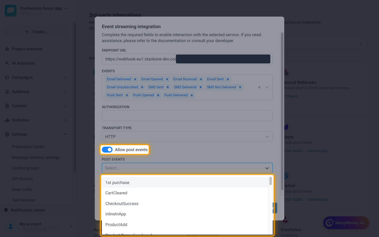 The Allow post events toggle switched on and the Post events dropdown open, both highlighted