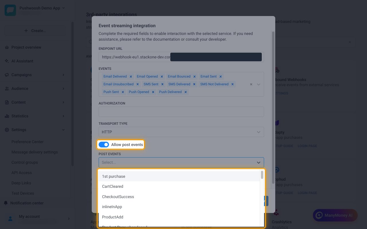 The Allow post events toggle switched on and the Post events dropdown open, both highlighted