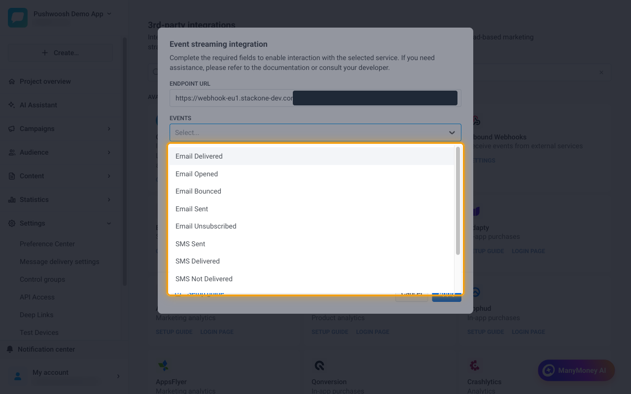 The Events dropdown open with the list of message events highlighted