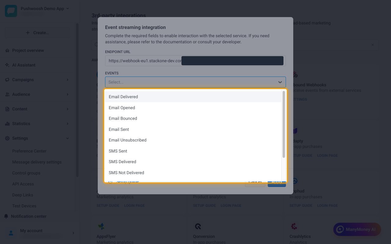 The Events dropdown open with the list of message events highlighted