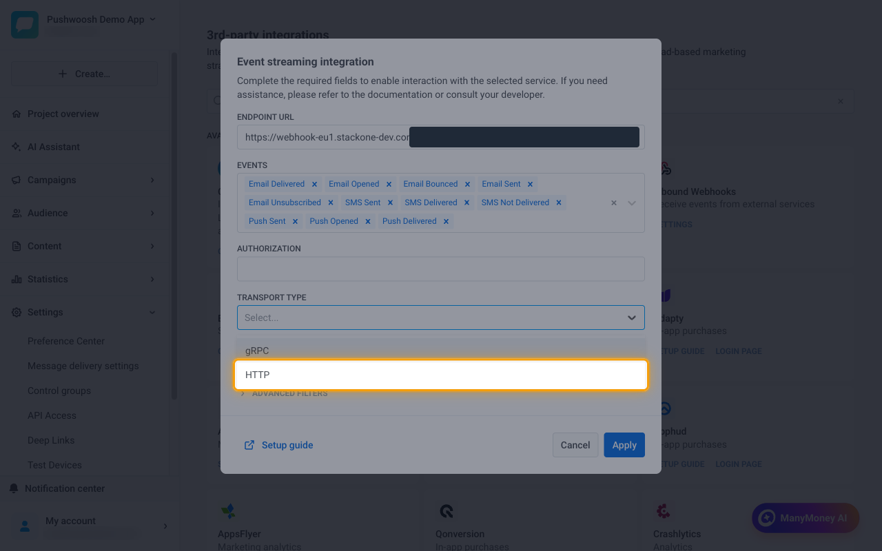 The Transport Type dropdown open with the HTTP option highlighted