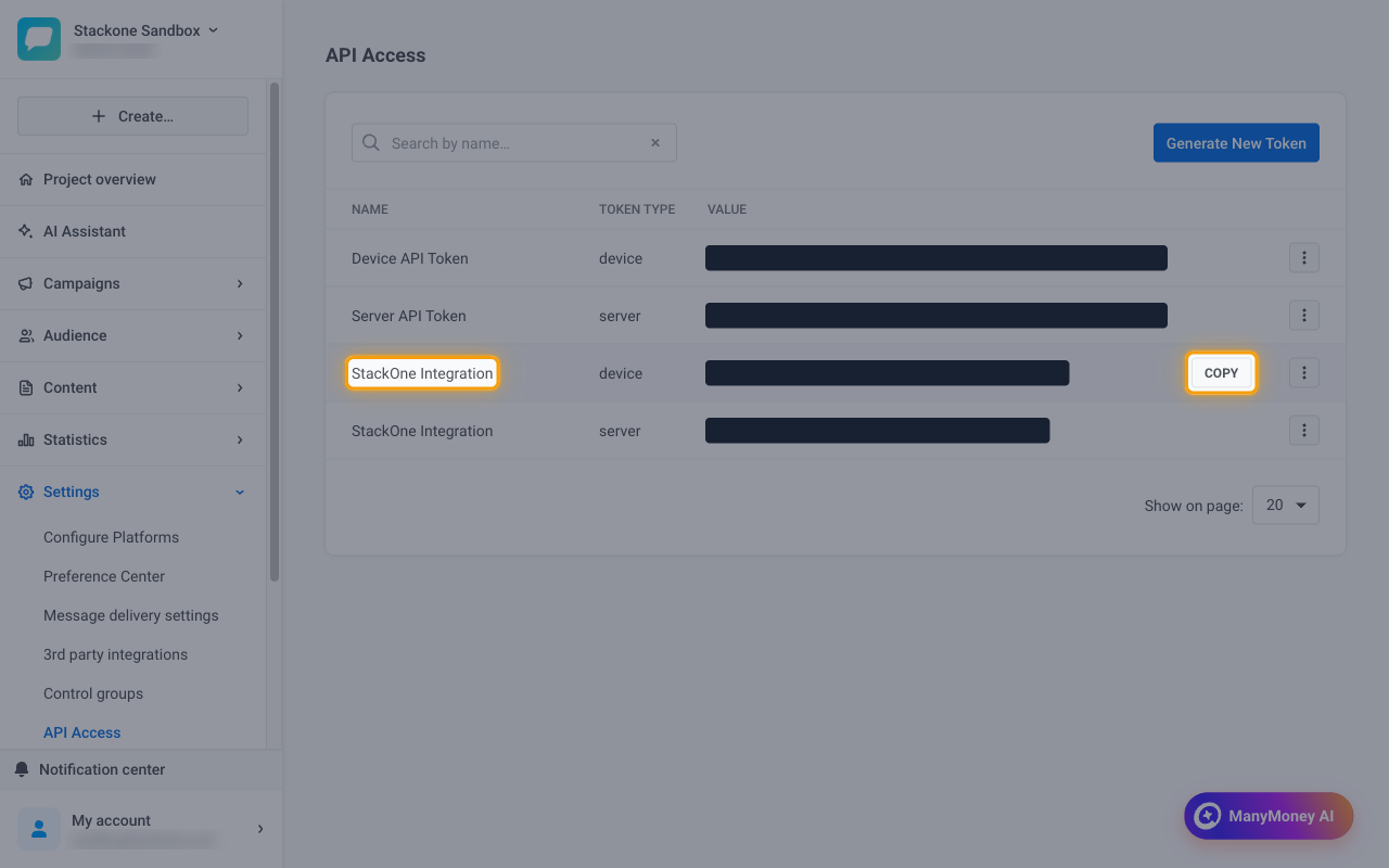 The token list with the StackOne Integration device token row and its Copy button highlighted