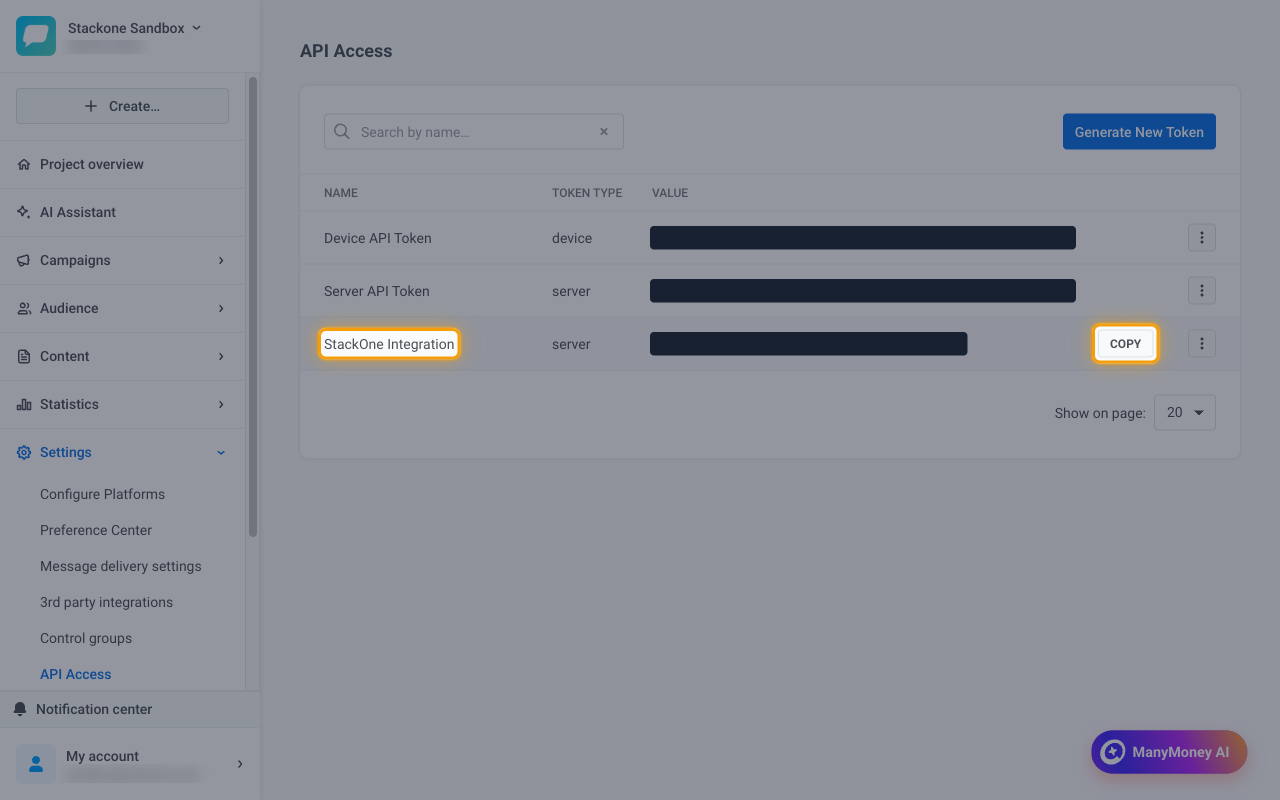 The token list with the StackOne Integration server token row and its Copy button highlighted