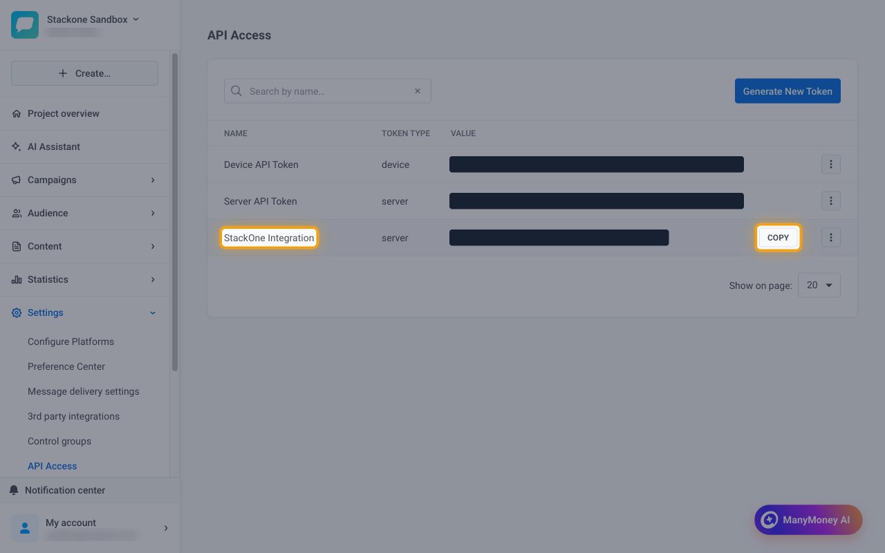 The token list with the StackOne Integration server token row and its Copy button highlighted