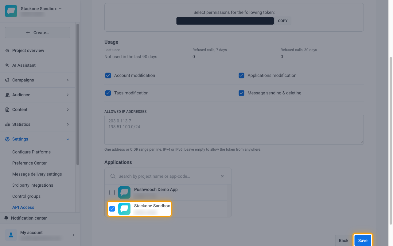 The Applications list with a project ticked and the Save button highlighted