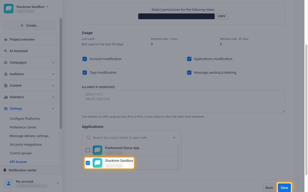The Applications list with a project ticked and the Save button highlighted