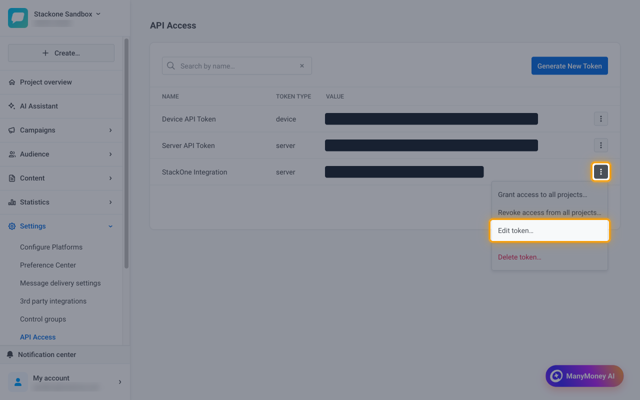 The token row menu open with Edit token… highlighted