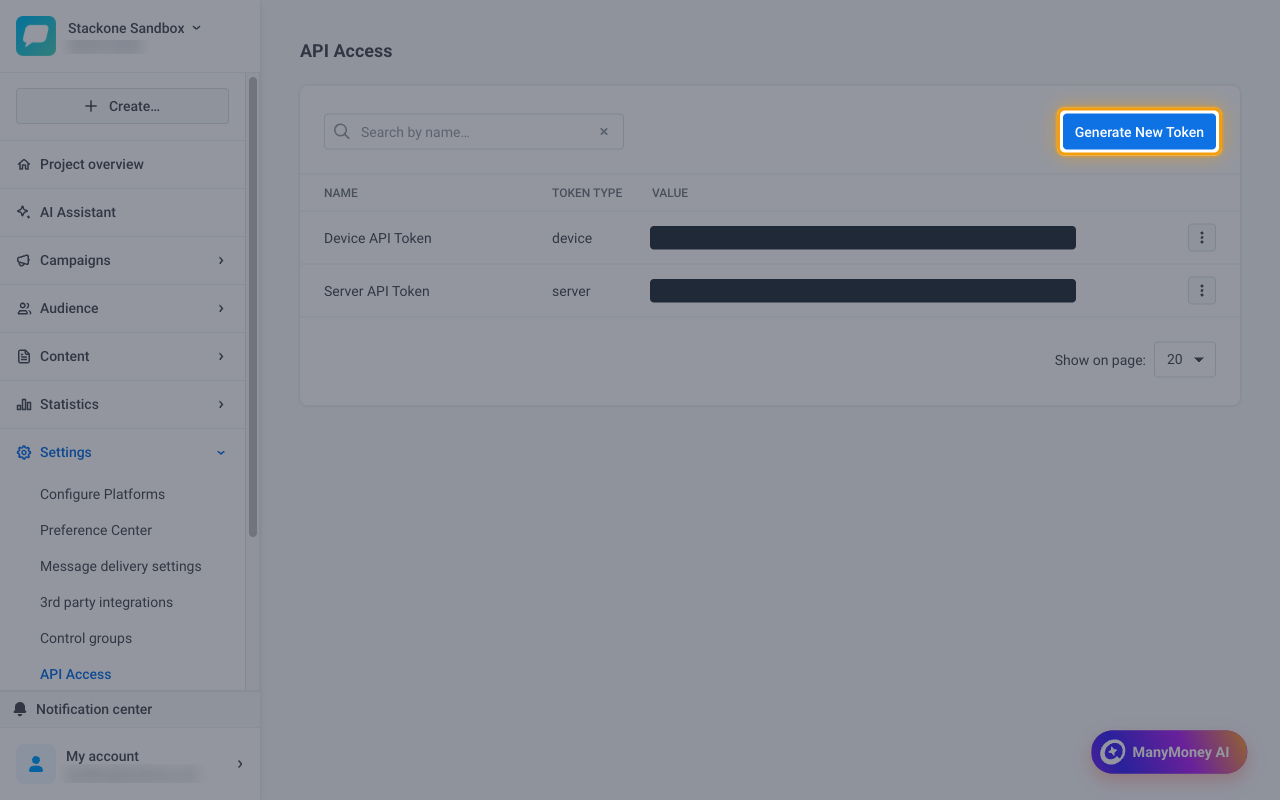 The API Access page with the Generate New Token button highlighted
