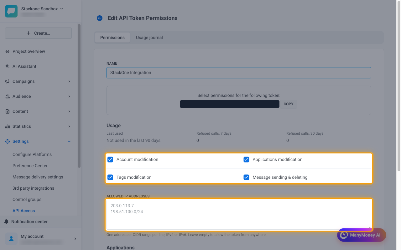 The Edit API Token Permissions page with the four permission checkboxes and the Allowed IP addresses field highlighted
