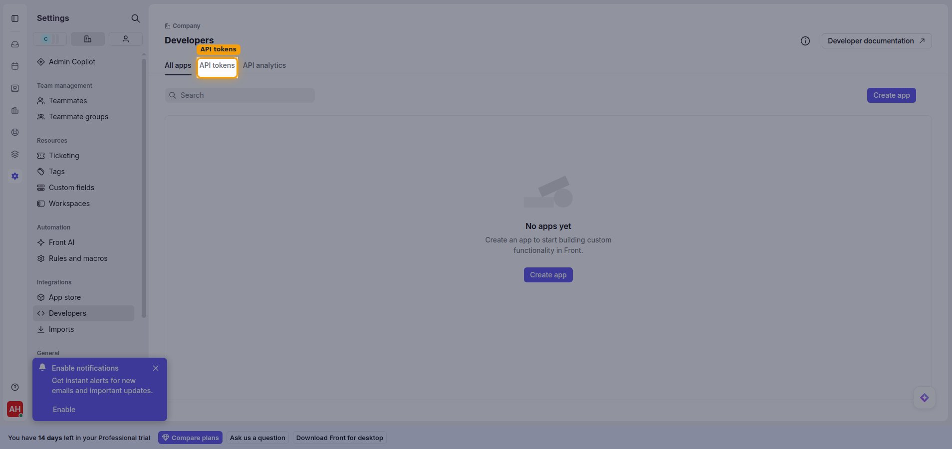 Developers page with the API tokens tab highlighted