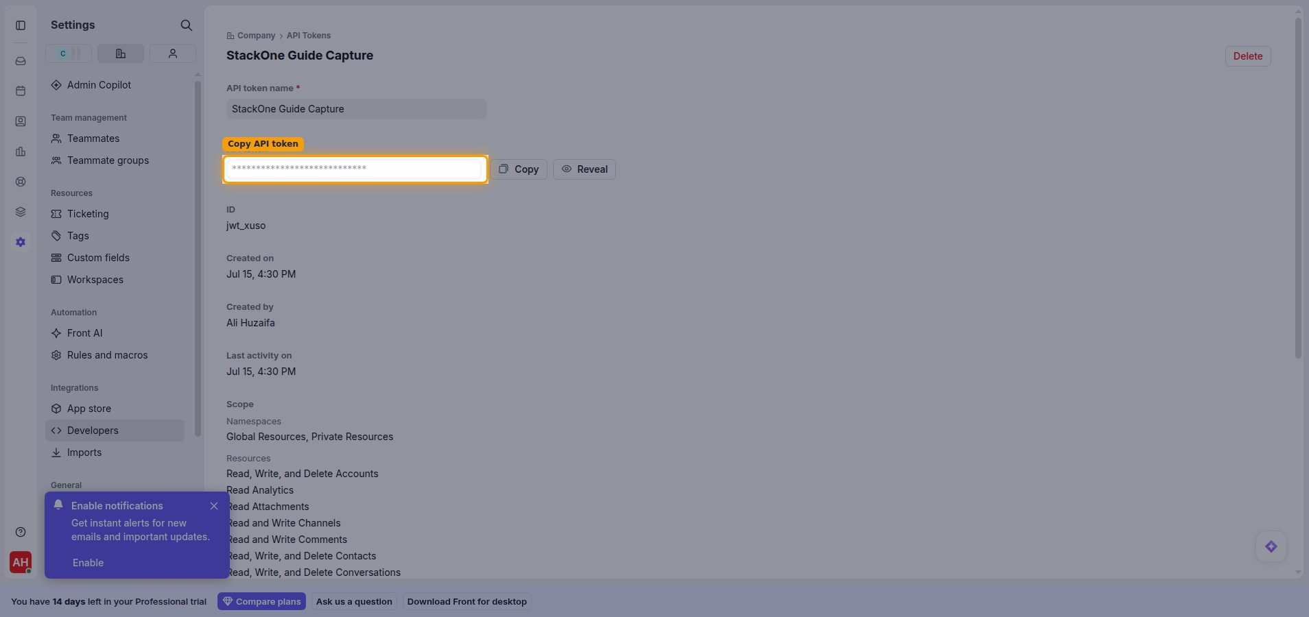 Token detail view with the API token field and Copy button highlighted