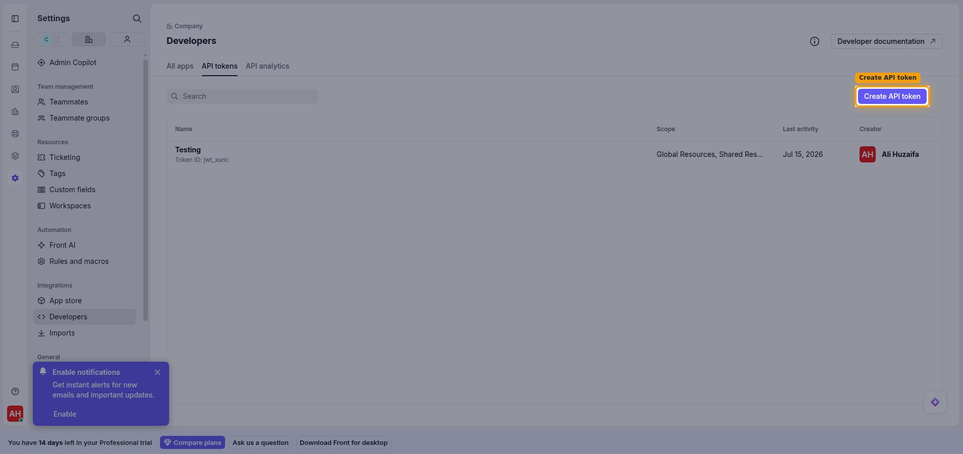 API tokens tab with the Create API token button highlighted