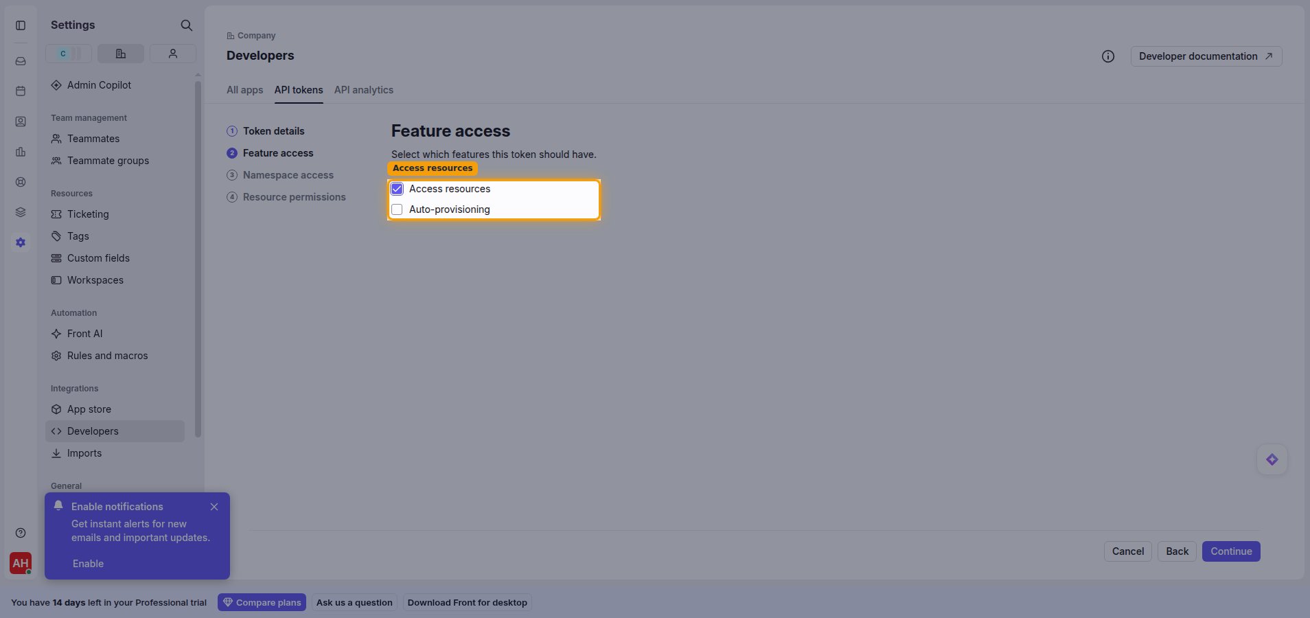 Feature access step with Access resources enabled