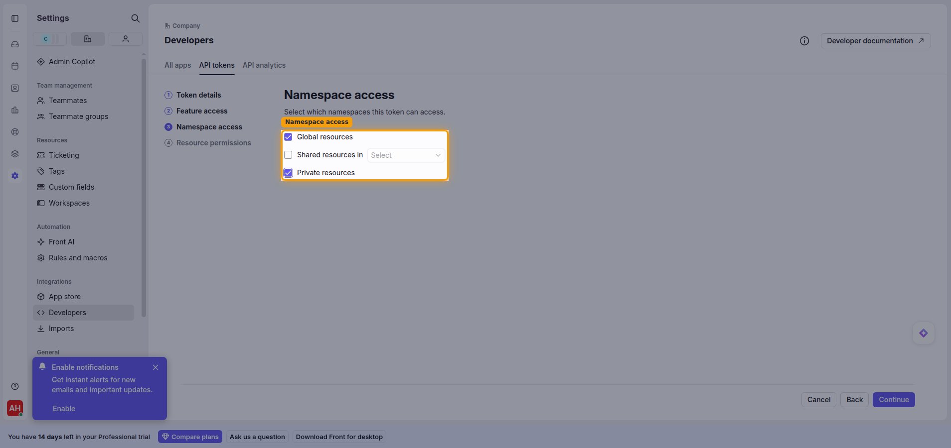 Namespace access step with Global resources and Private resources