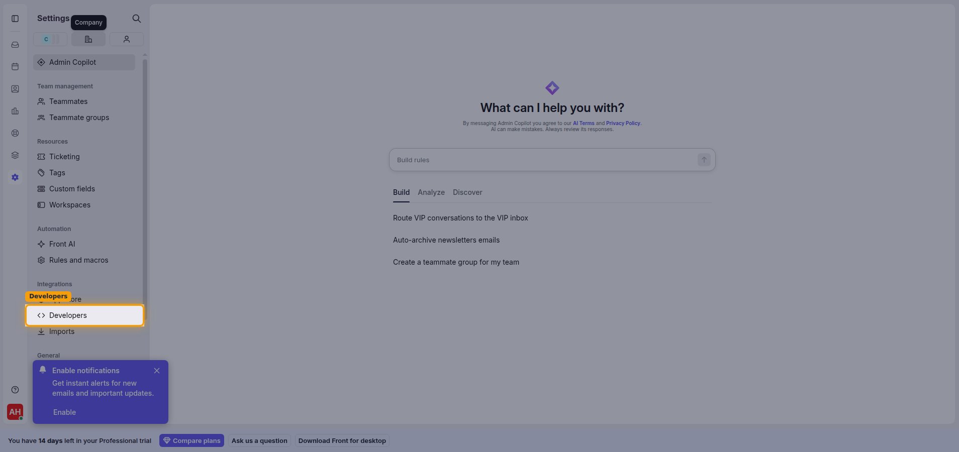 Front company settings with Developers highlighted under Integrations
