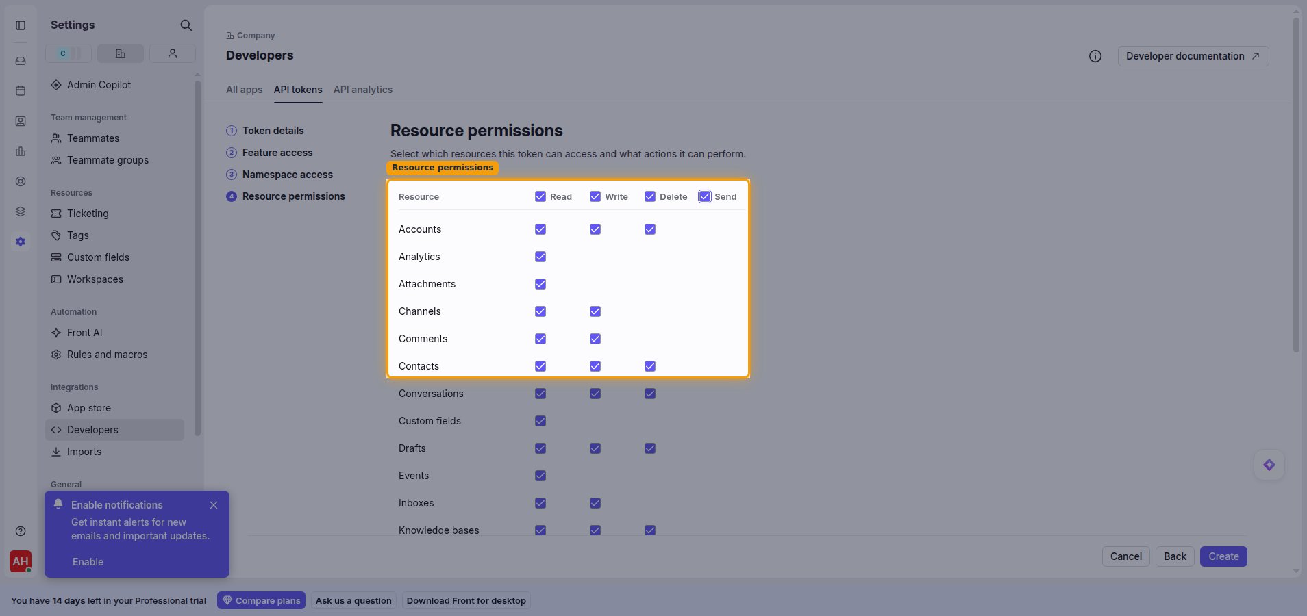 Resource permissions matrix with Read, Write, Delete and Send columns