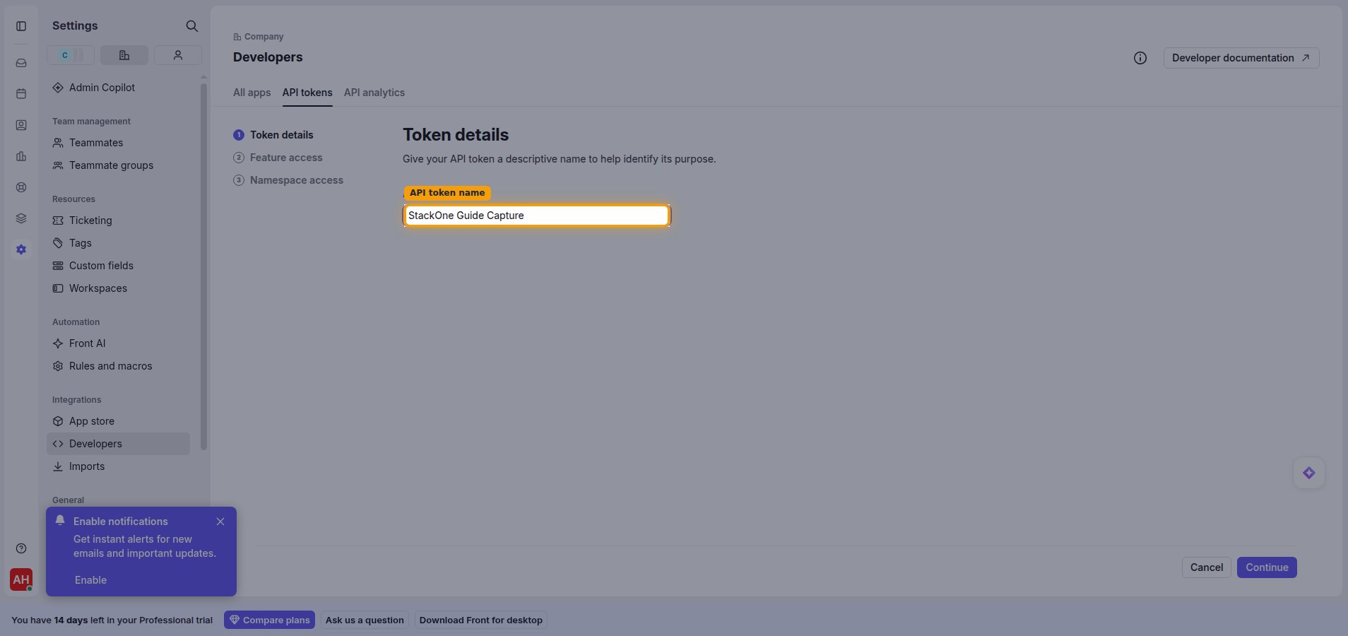 Token details step with the API token name field