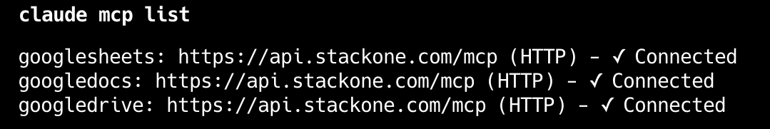 claude mcp list output showing multiple connected MCP servers