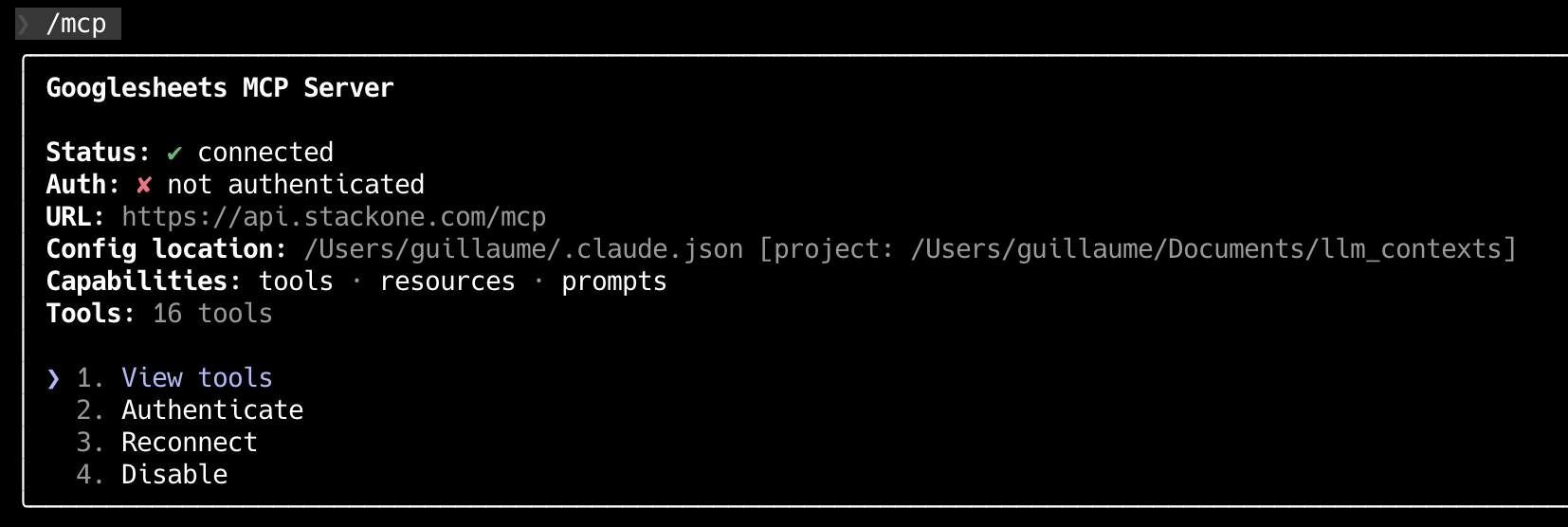 Claude Code /mcp command showing server details including status, URL, capabilities and tool count