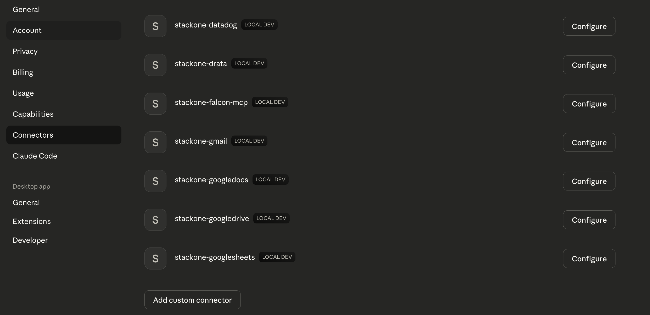 Claude Desktop Connectors page showing multiple MCP servers configured for different integrations