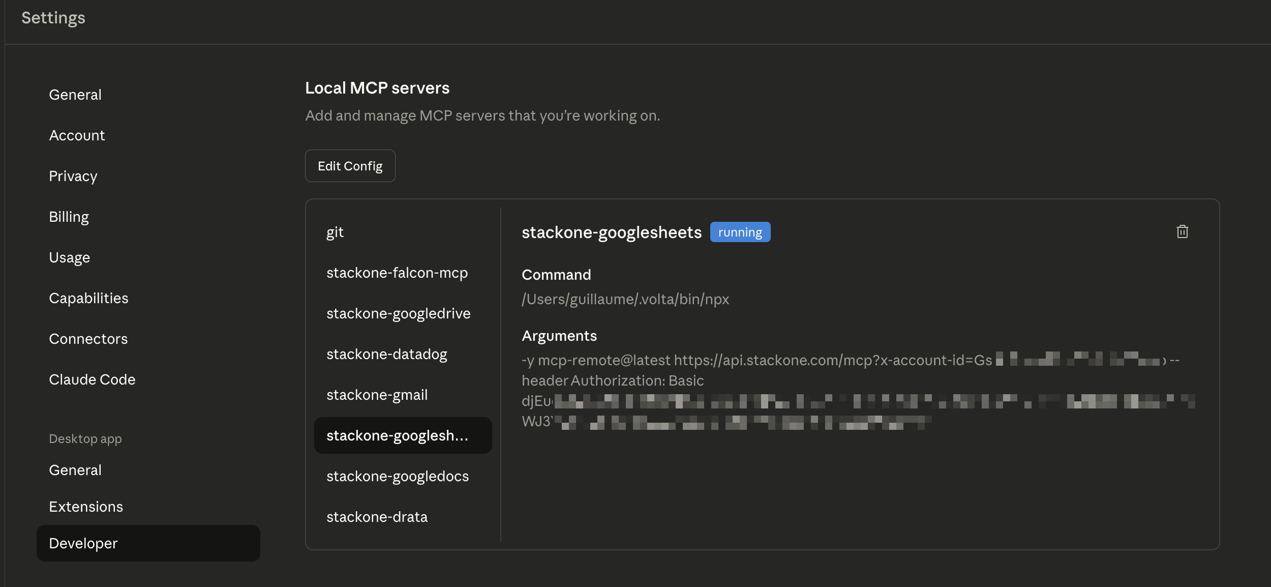 Claude Desktop Settings showing configured Local MCP servers