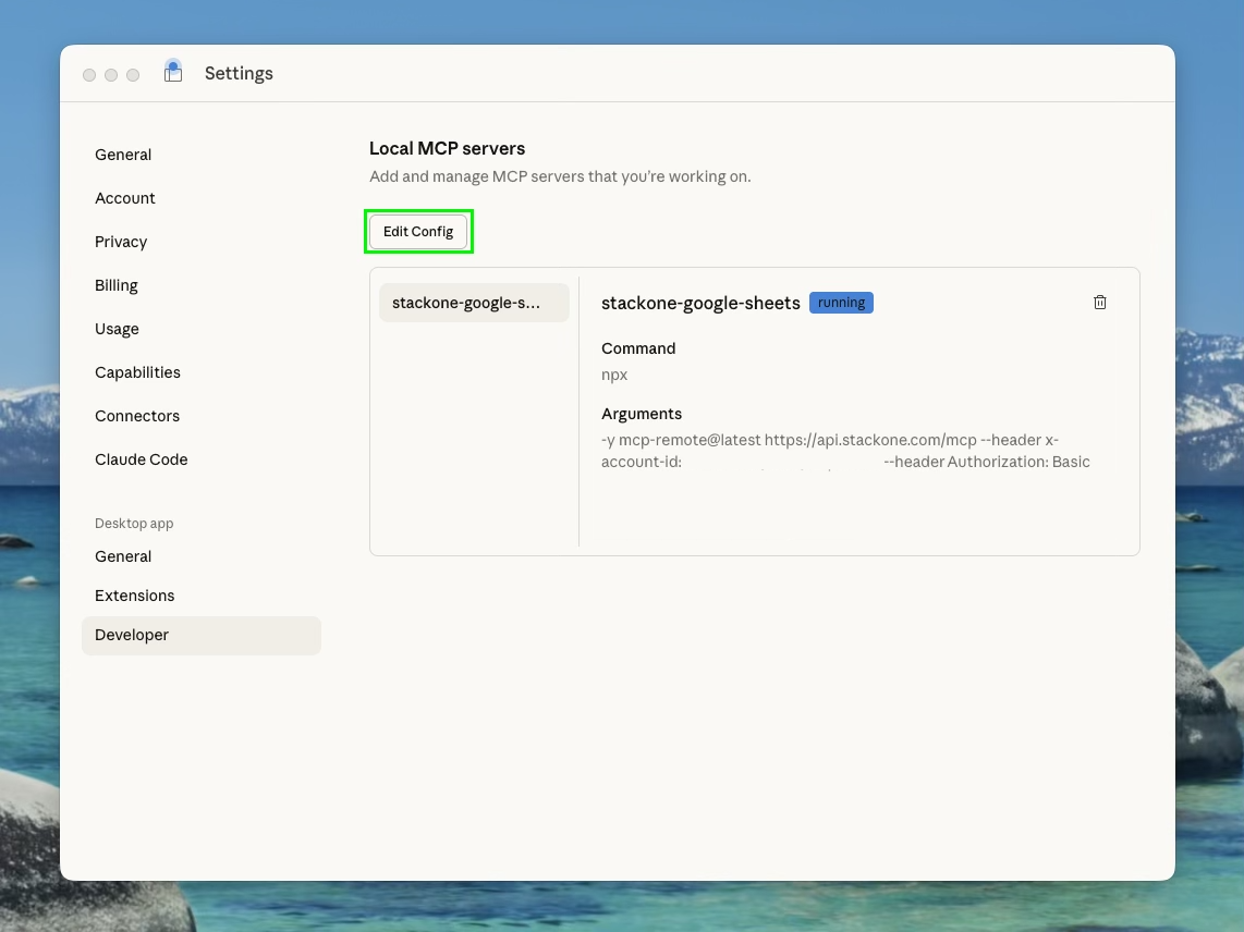 Claude Desktop Settings page showing Developer tab with Edit Config button highlighted