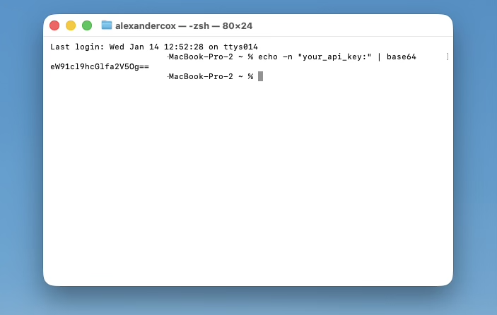 Terminal showing base64 encoding command and output