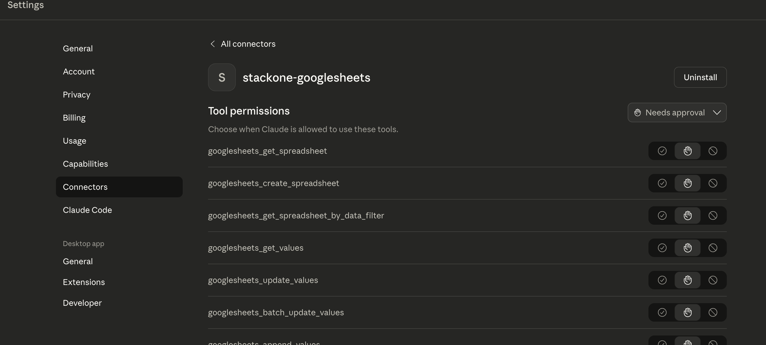 Claude Desktop Connectors page showing tool permissions with options to enable or require approval for each tool