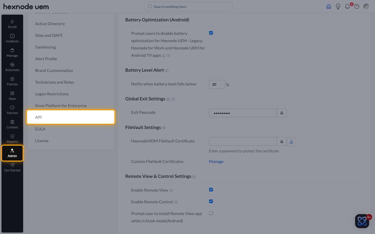Hexnode UEM console with Admin in the left navigation bar and API in the settings menu highlighted