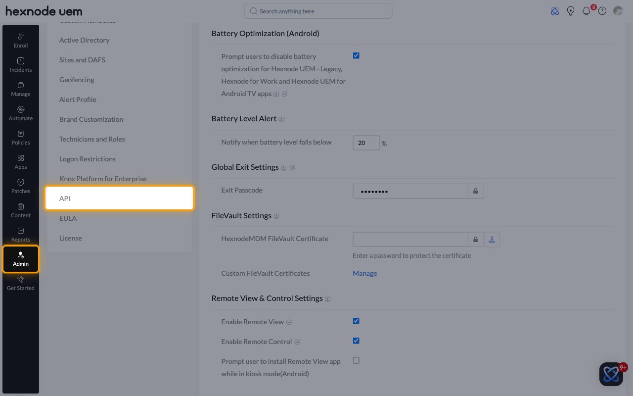 Hexnode UEM console with Admin in the left navigation bar and API in the settings menu highlighted