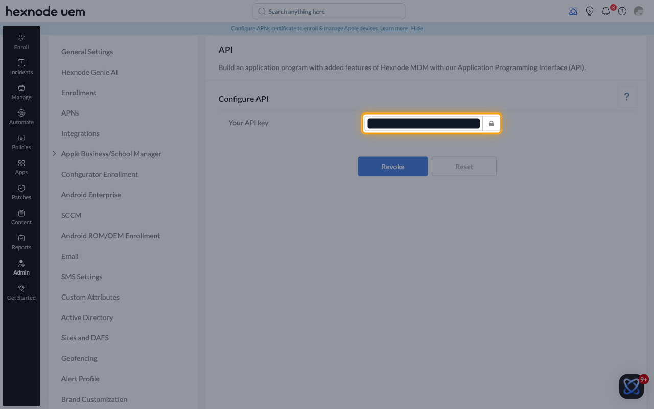 Hexnode API settings page with the Your API key field highlighted under Configure API
